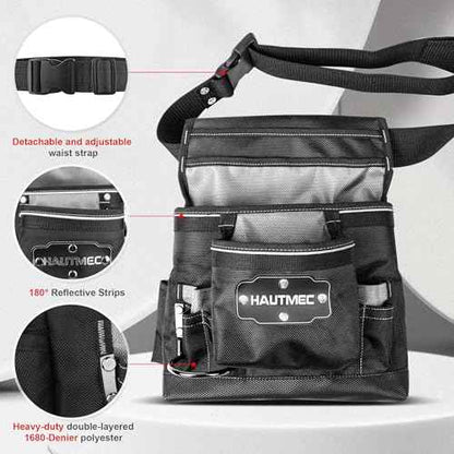 HAUTMEC Heavy Duty Framing Tool Belt Electrician Tools Pouch Organizer Work Belts, 12-Pocket 1680D Tool Bag with Waist Strap Hammer Holder and 360¡ÆReflective Strips, Black & Gray