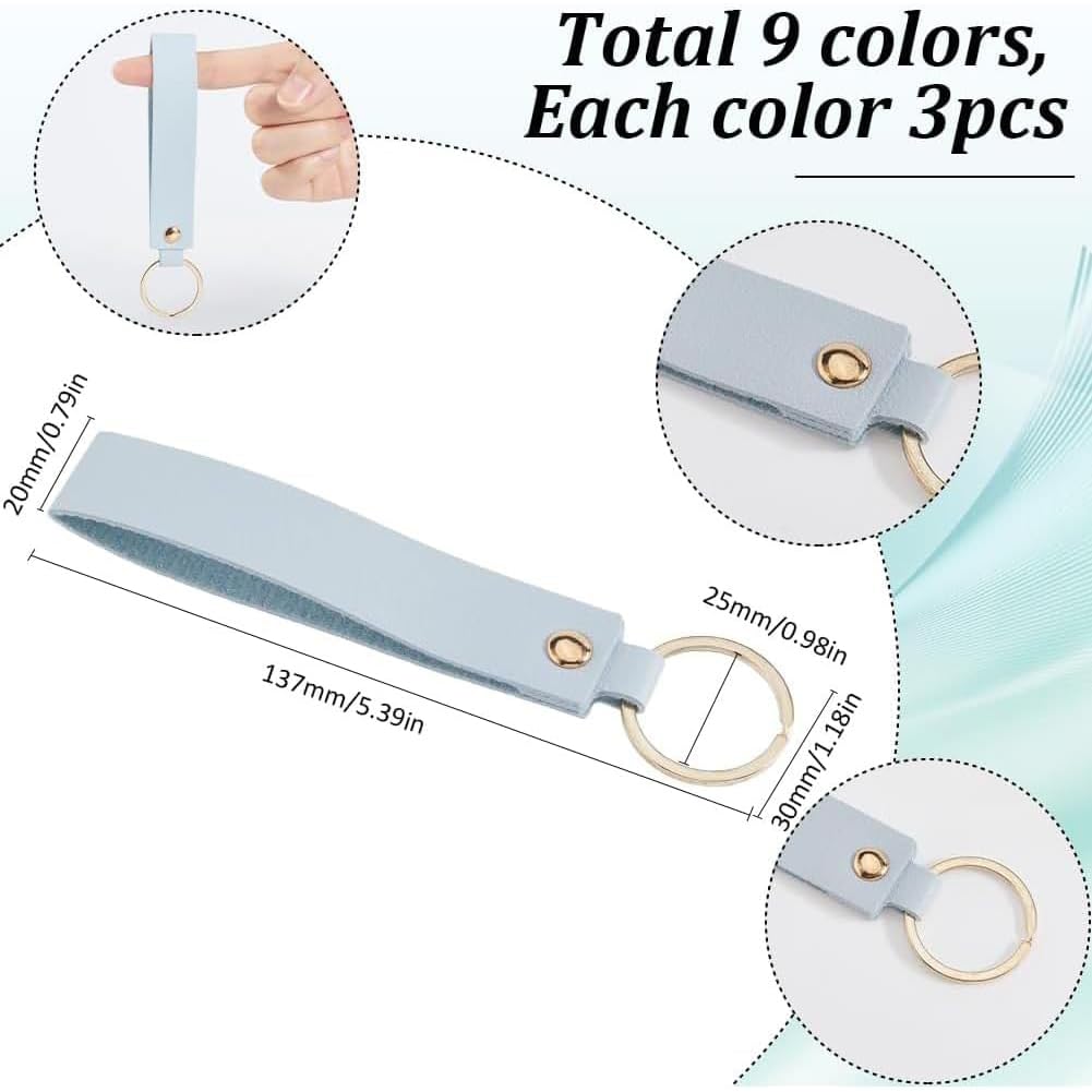 SUNNYCLUE 27Pcs 9 Colors 13.7cm Keychain Blanks Faux Leather Key Chains Bulk Light Colorful PU Rectangular Engraving Blank Keychains Holder with Gold Iron Key Ring for Keys Chain Stamping DIY Crafts