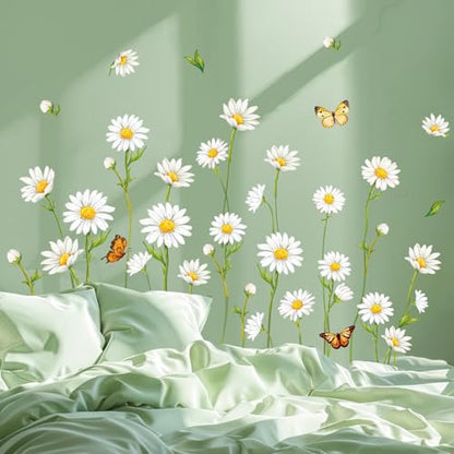 Spring Daisy Flower Wall Decal Spring White Daisy Flower Butterfly Wall Stickers Peel and Stick Room Mural Decals for Summer Party Home Nursery Bedroom Living Room Classroom Decor