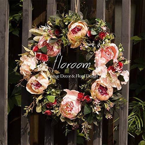 Floroom Floral Wreath, Artificial Peony Wreath, 15"-16" Front Door Decorations Wall Decor