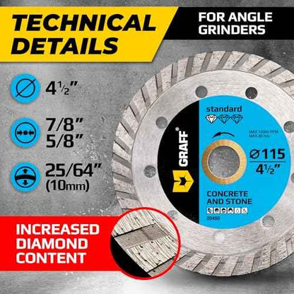 4 1/2 Inch Diamond Cutting Wheel for Angle Grinder Arbor 7/8"-5/8" ? Turbo Diamond Blade for Stone, Marble, Granite, Brick, Masonry, Concrete ? Diamond Saw Blades GRAFF