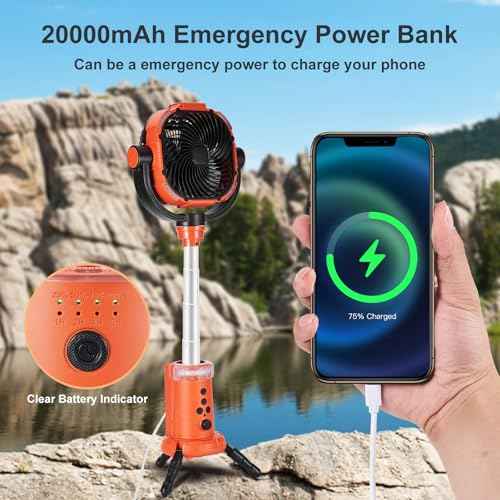 Odoland 20000mAh Camping Fan with Lantern, 360¡Æ Oscillation Rechargeable Battery Operated Outdoor Power Fan with Remote, Hook £¦ RGB Light for Camp, Family Travel and Jobsite, Orange