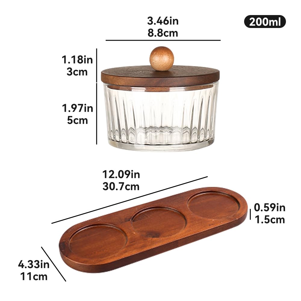 ANQIA Round Glass Snackle Box Container Snack Organizer and Fruit Platter with Acacia Wood Lids and Tray Divided Serving Tray for Nuts Candy Dry Fruits (3 Jars)