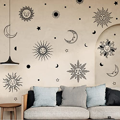 PLIGREAT Sun Crescent Star Moon Faces Wall Stickers, Waterproof Removable Vinyl Peel and Stick Wall Decals for Bedroom Living Room Boho Ethnic Wall Decorations Home Indoor DIY Wall Art Decor