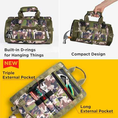 Tool Bag, Heavy Duty Tool Organizer, Portable Tool Pouch for Men, 6 Detachable Pouches, Foldable Carrying Tool Storage, Mechanic & Electrician Dad Birthday Gifts, Camo-Green