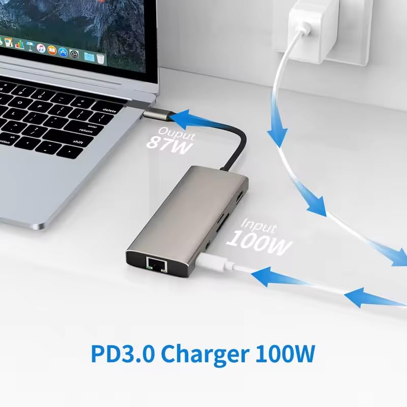 USB C HUB, USB C Adapter 11 in 1 Dongle with 4K HDMI, VGA, Type C PD, USB3.0, RJ45 Ethernet, SD/TF Card Reader, 3.5mm AUX, Docking Station Compatible with MacBook Pro/Air, Other Type C Laptops