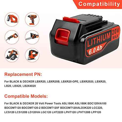 ARyee LB2X4020 6.0Ah 20V Lithium Battery for Black and Decker 20Volt Max LBXR20 LB20 LBX20 LBXR2020 LBX4020 LB2X4020-OPE LBXR20-OPE LBX4020 LST220 Cordless Power Drill Tools (2pcs 20V 6Ah Battery)