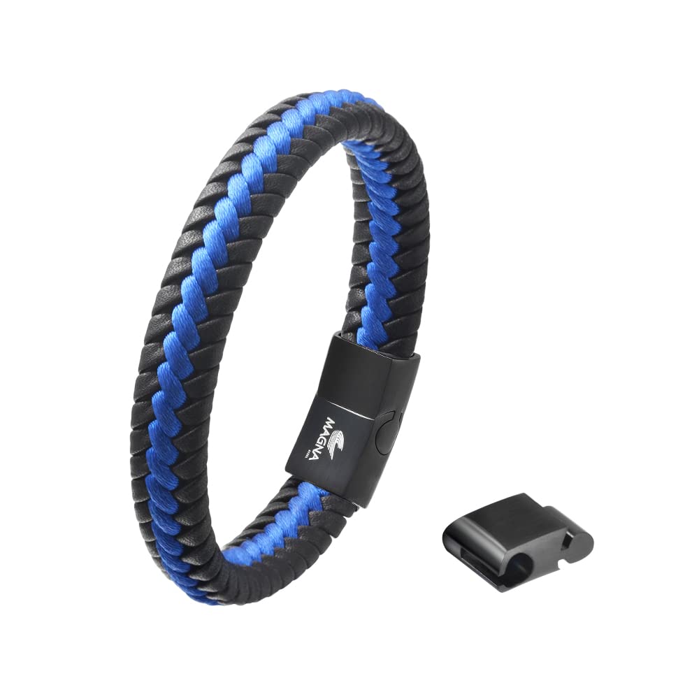 Magna Steel Men's Braided Genuine Leather Cord Bracelet (Navy Blue)