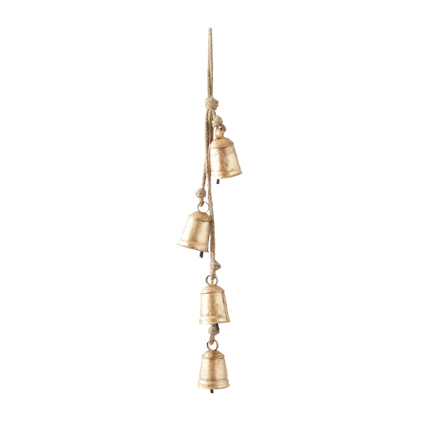 Deco 79 Metal Tibetan Inspired Cascading Decorative Cow Bells with 4 Bells on Jute Hanging Rope, 3" x 3" x 27", Gold