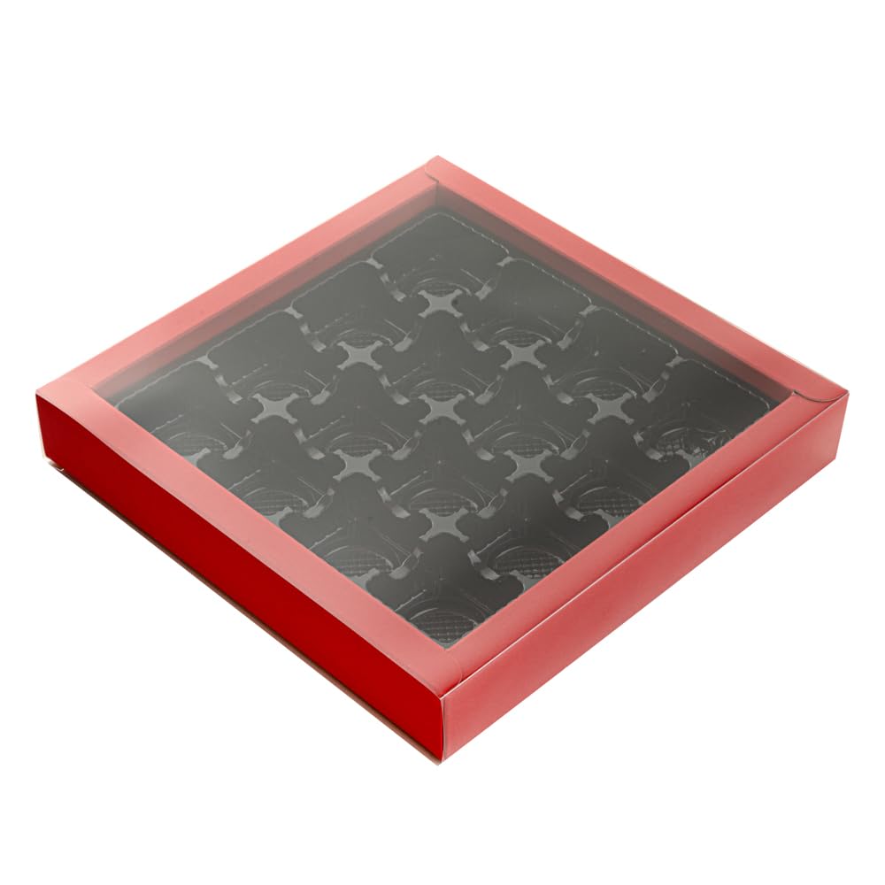 Restaurantware Sweet Vision 9.1 x 9.1 x 1.6 Inch Square Candy Boxes 10 Disposable Bakery Gift Boxes - 16 Compartments With Slidable Clear Lids Red Paper Boxes For Chocolate And Treats
