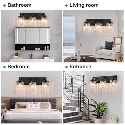 Black Vanity Light, 3 Light Crystal Modern Farmhouse Bathroom Lights, with Clear Glass Shade, Rustic Bathroom Light Fixtures, Black Bathrooms Wall Light Over Mirror for Living Room, Bedroom, Hallway