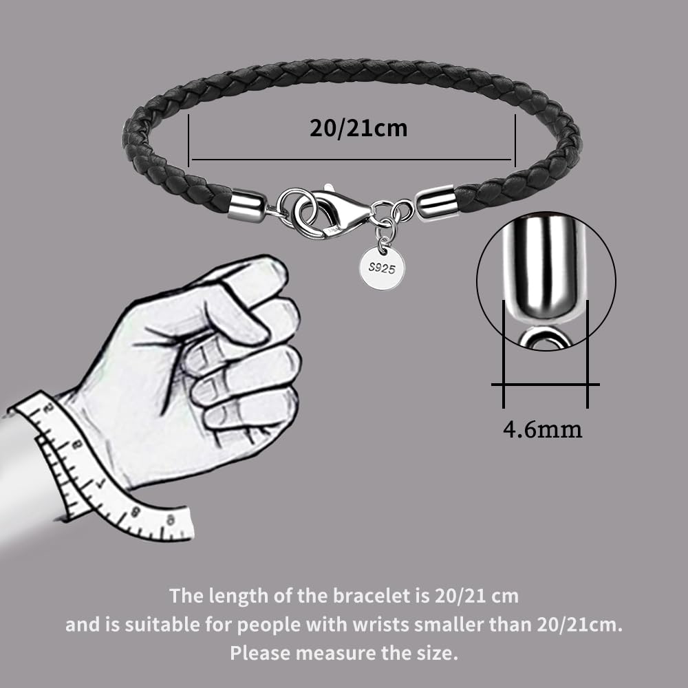 JEVINDA Leather Bracelet for Men Women 4MM Braided 925 silver Clasp 20/21cm with Jewelry Gift Box Handcrafted (Black, 7.8'')
