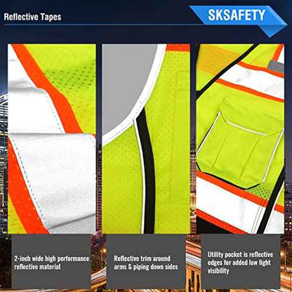 SKSAFETY 10 Pockets Professional level Safety Vest, Class 2 High Visibility Security Vest with Zipper, Hi Vis Vest with Reflective Strips, ANSI/ISEA Standard, Construction Work Vest£¨Lime Black, 3XL£©