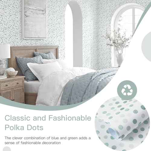 Dimoon 17.3''x78.7'' Peel and Stick Wallpaper Blue Green Boho Contact Paper Modern Polka Dot White Wallpaper Removable Self Adhesive Wall Paper Renter Friendly Bathroom Kitchen Vinyl Roll