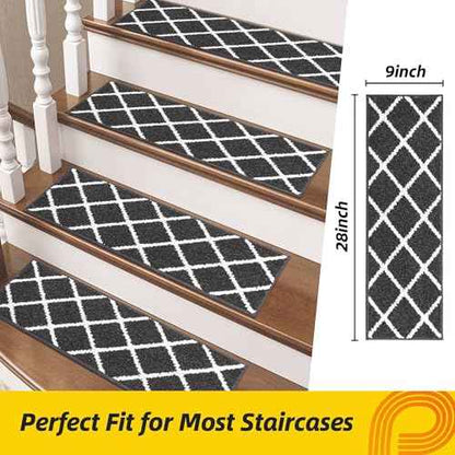 Non-Slip Stair Treads for Wooden Steps Indoor, 15 Pack 9" X 28" Edging Stair Carpet Mat with TPE Backing, 0.4" Thick Stair Runners for Kids Elders & Pets, 100% Polyester Stair Rugs, Black&White