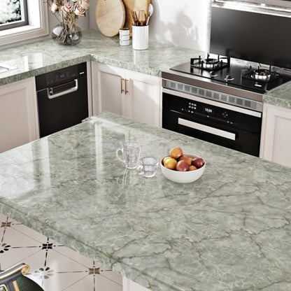 Cyan Green Marble Contact Paper for Countertops Cabinets Green Marble Wallpaper Glossy Waterproof Peel and Stick Countertops Self Adhesive Vinyl Wrap for Kitchen Bathroom Counter 15.7" X 78.8"