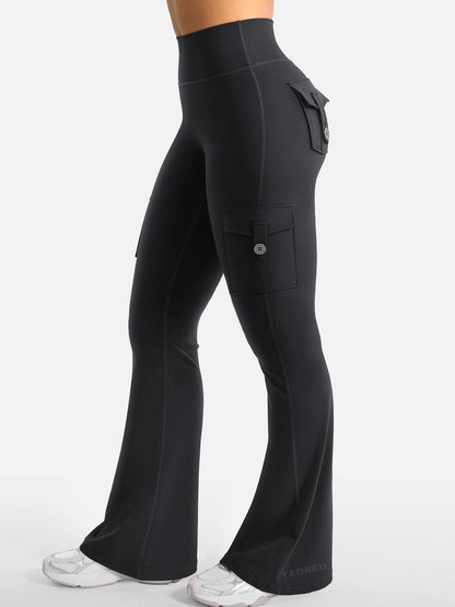 YEOREO CoreFlex Women Workout Flare Leggings with Pockets Hidden Scrunch Cargo Gym Yoga No Front Seam Leggings Black XL