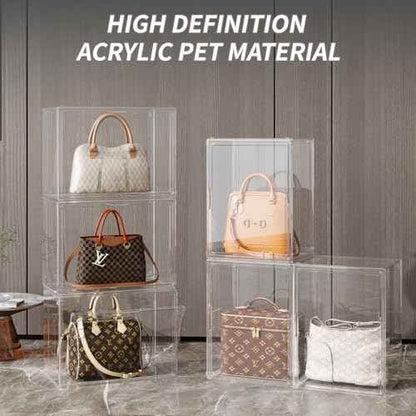 Purse Organizer for Closet,3 Packs Clear Acrylic Display Case for Handbag Organizer,Purse Storage Box with Magnetic Door, Stackable Plastic Storage Bins for Handbag,Collectibles, Cosmetic