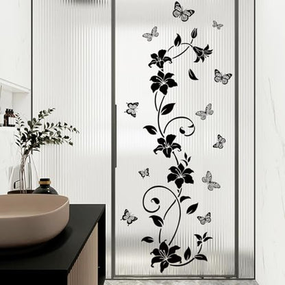SHUCHING Black Flower Vine Butterfly Wall Decals Peel and Stick, Vinyl Simplicity Floral Wall Sticker, Wall Decor Art Home Decoration for Bedroom Living Room Office