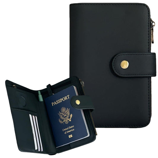 Genuine Leather Passport Wallet, RFID Blocking Passport Holder with Tracker Slot, All in One Travel Wallet for Women/Men, Secure Passport Cover Case for Airport Essentials (Black)