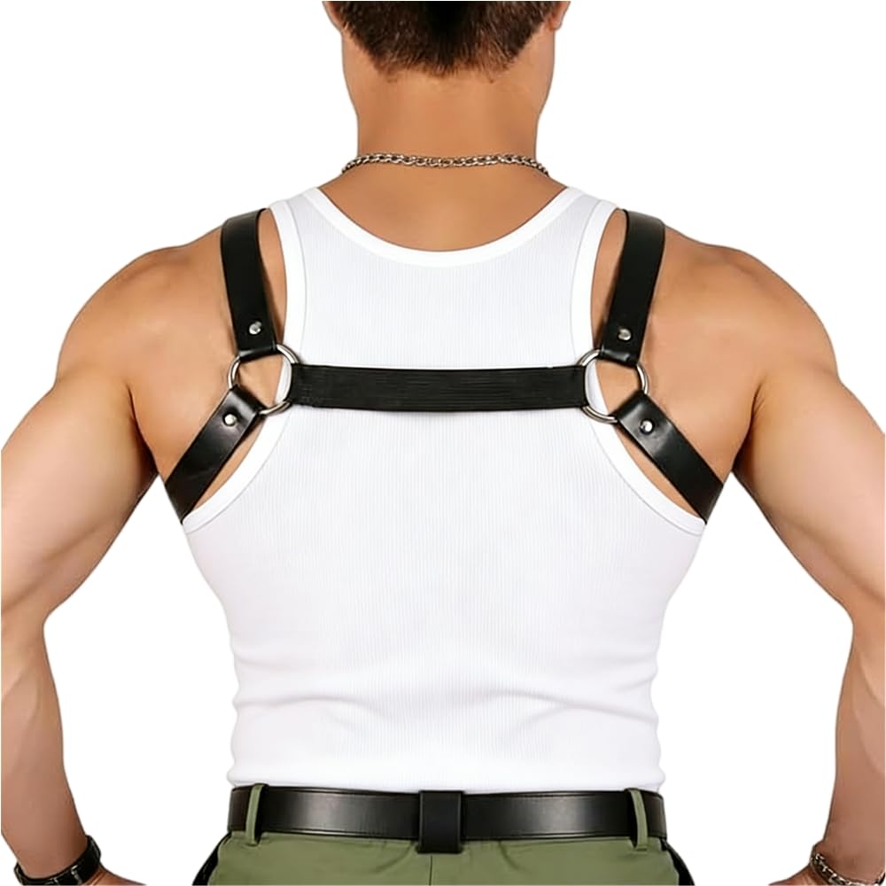 Pfylinqo Men's Sexy PU Leather Chest Harness with Metal Chains, Adjustable Punk Gothic Body Harness for Cosplay Halloween, Festival & Nightclub Outfits