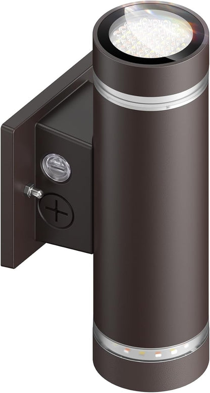 dephen Outdoor Up Down Wall Light, Dusk to Dawn LED Exterior Sconces Light 3000K/4000K/5000K /10W/20W/30W Adjustable, Brown Aluminum Modern Cylinder Porch Lights (UL-Listed)