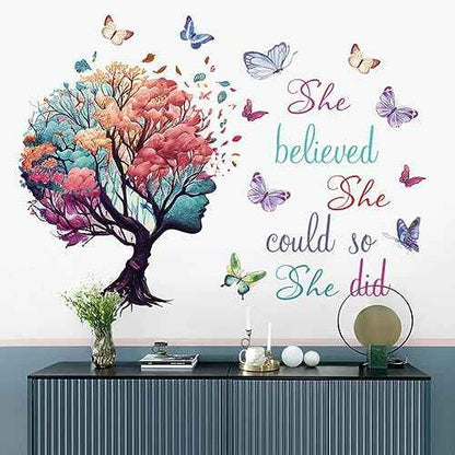 Inspirational Quotes Wall Art - 'She Believed She Could So She Did' Tree & Butterfly Decal Stickers for Women & Girls Bedroom & Living Room Decor
