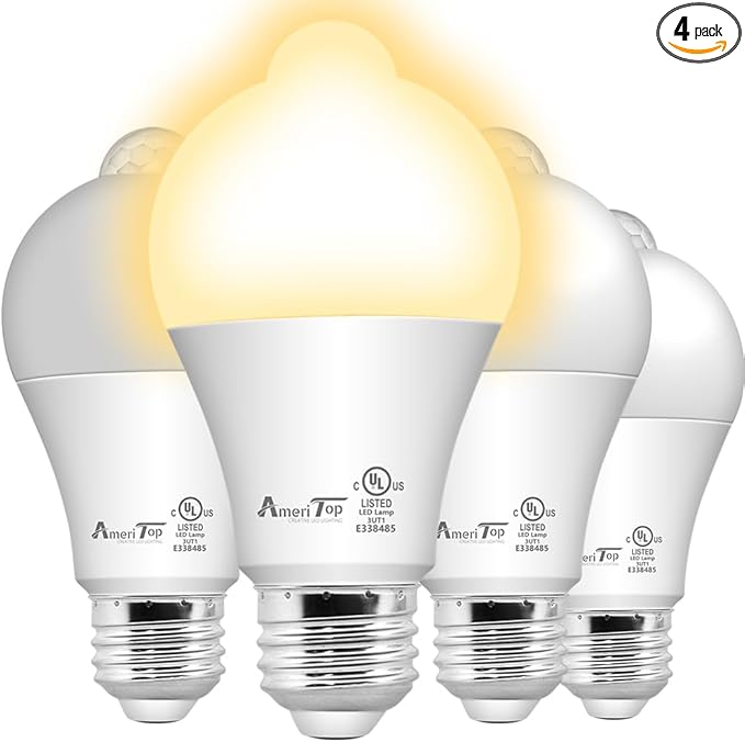 AmeriTop Motion Sensor Light Bulb- 4 Pack, 10W(60W Equivalent) 806lm Motion Activated Dusk to Dawn Security LED Bulb; UL Listed, A19, E26, Auto On/Off Indoor Outdoor Lighting (2700K Soft White)