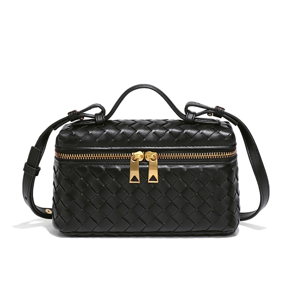 Faibiules Womens Woven Crossbody Handbag Fashion Leather Top Handle Bag Black