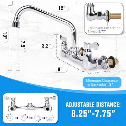 Wall Mount Kitchen Faucet 8" Center Commercial Sink Faucet with 12" Swivel Spout Dual Handles Brass Utility Sink Faucet for Laundry Room Restaurant Polish Chrome