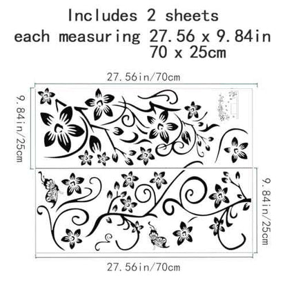 Joyartu Flowers Vine Decals Black Flowers Butterfly Wall Stickers, Diagonal Floral Decals for Living Room TV Background, DIY Home Decor