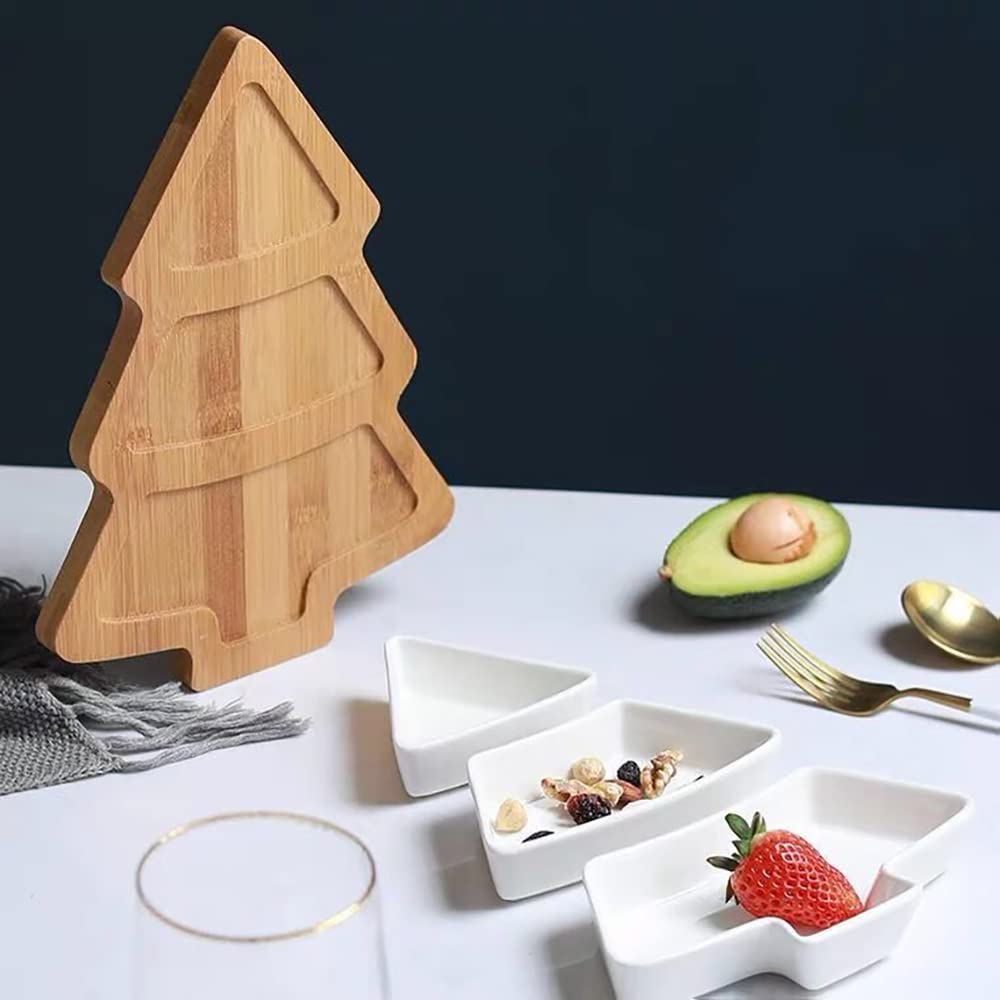 Bamboo Christmas Tree Tray, Ceramic Serving Dishes Set In Christmas Themed Design Serving Bowls for Parties, Perfect for Veggies, Candy and Snacks, White