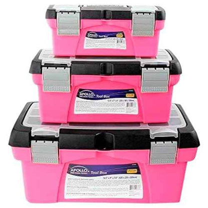 Apollo Tools Set of 3 Pink Stackable Tool Boxes with Top Compartment and Removable Trays for Crafts, Tool Storage - Pink Ribbon - DT5005P