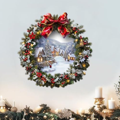 Christmas Wreath Wall Decals with Ribbon Peel and Stick Christmas Mural Art Stickers for Christmas Party Home Kitchen Decor (A)