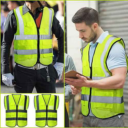 JaGely 12 Pack Reflective Safety Vests with Pockets, High Visibility Mesh Construction Vest for Men Women, Neon Yellow, Size L