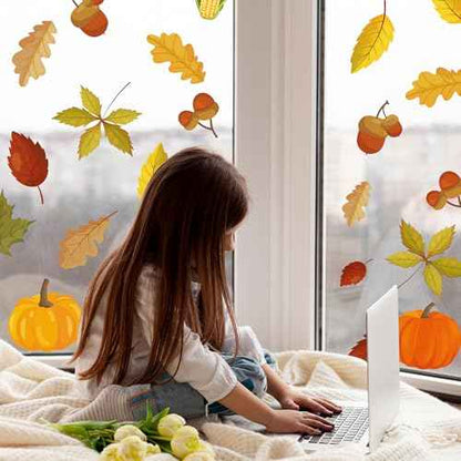 Autumnal leaves Window Decal,Autumn Theme Vinyl Window Sticker,Removable Autumn decor For Children'S Room, Classroom, And Daycare Centers Fall Thanksgiving Party Supplies (Pumpkin-Themed Window Decal)