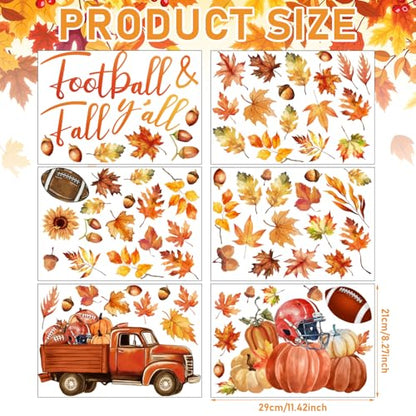 Haull 6 Sheets Thanksgiving Wall Decals Fall Maple Leaves Pumpkin Wall Peel and Stick Autumn Thanksgiving Decals for Windows Home Nursery Bedroom Living Room Office Party Decoration