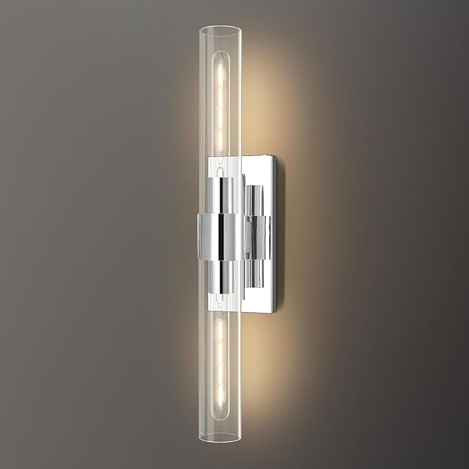 Chrome Wall Sconces, 22.8" Bathroom Sconces, Indoor Sconces Wall Lighting Up and Down, Nickel Wall Sconce Dimmable, Vanity Lights Fixtures with Tube, Glass Sconce for Bedroom, Staircase