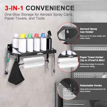 10 Aerosol Spray Can Holder with Paper Towel Holder & 4 Detachable Hooks, Space-Saving Tool Organizer Wall Mount for Garage, Workspace and Tool Room