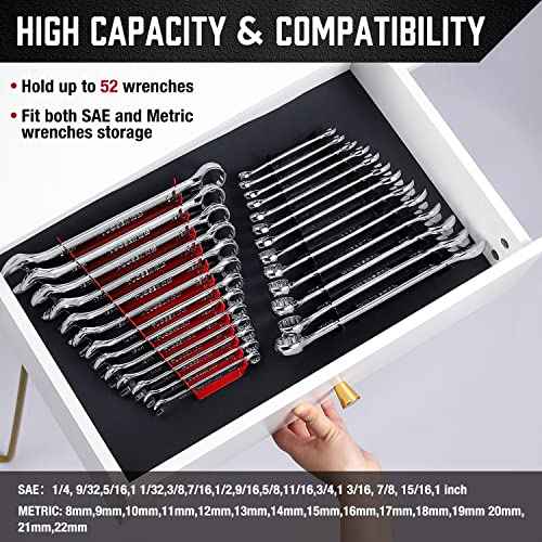 ALOANES 52-Slot Metal Wrench Organizer, Heavy Duty Wrench Organizer Tray for Tool Box, Fit SAE & Metric Wrench Storage, 4 Pack Wrench Holders(Red&Black)