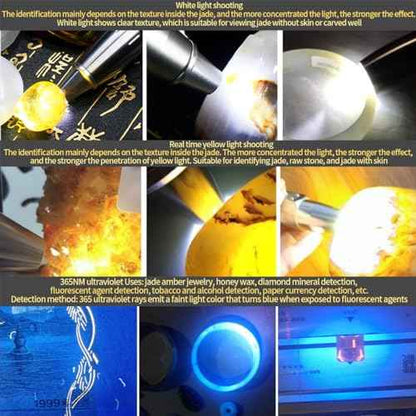 6LED Jade Recognition Flashlight, Outdoor Gemstone Mineral Detection Light with Charged Quantity Display, White Light, Yellow Light, Red Light, Blue Light, 395UV and 365UV UV Pens.