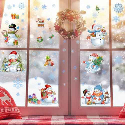 ReliThick 64 Pcs Christmas Snowman Wall Sticker Clings Removable Christmas Wall Art Silver Blue and White Winter Window Clings Wall Decor for Christmas Winter Home Bedroom Decorations