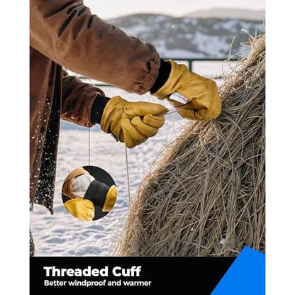 toolant Leather Winter Work Gloves for Men, 100% Grain Cowhide with Warm Thinsulate Lining, Water & Abrasion Resistance
