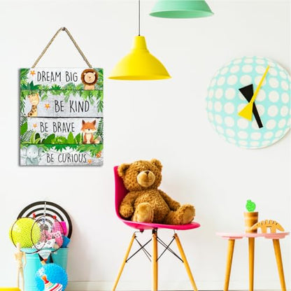 Be Kind Be Braver Jungle Theme Wood Hanging Sign,Inspirational Quotes Safari Hanging Sign for Kids Nursery Bedroom Playroom Wall Decor