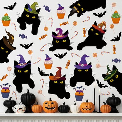 Halloween Window Decorations,Black Cat Halloween Window Clings,Pumpkin Black Cat Theme Wall Stickers,Haunted House Decor,All Hallows' Day Bat Candy Dessert Wall Decals for Home Room Kitchen
