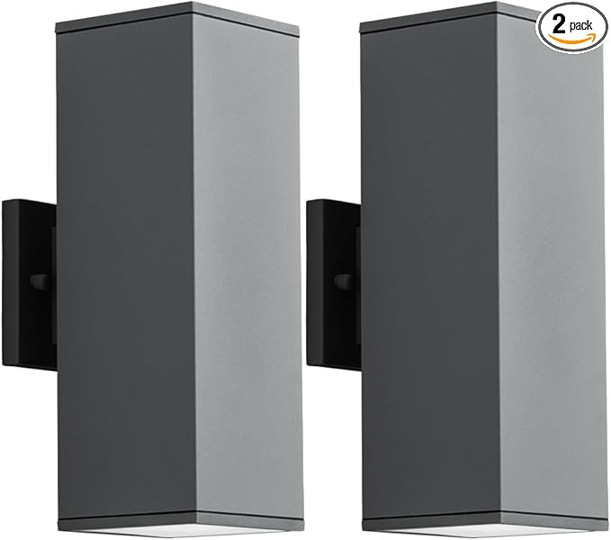 mirrea 14" Modern Outdoor Porch Light Patio Light in 2 Lights with Aluminum Rectangular Tube and Tempered Glass Cover Waterproof Wall Sconce 2 Pack (Matte Gray)