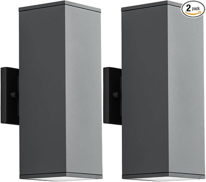 mirrea 14" Modern Outdoor Porch Light Patio Light in 2 Lights with Aluminum Rectangular Tube and Tempered Glass Cover Waterproof Wall Sconce 2 Pack (Matte Gray)