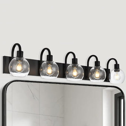 Bathroom Light Fixtures 5-Lights Matte Black Farmhouse Vanity Lighting with Seeded Globe Glass for Over Mirror
