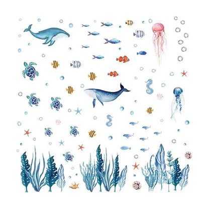 142 Pcs Ocean Wall Decals, Marine Life Peel and Stick with Turtles & Whale Shark, Non-Toxic Vinyl Stickers for Kids Room Nursery Bathroom Decor (Blue)