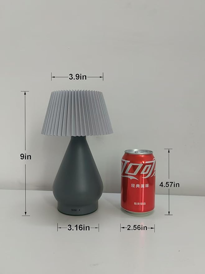 Modern Cordless Table Lamp Rechargeable, Portable LED Desk Lamp,Touch Control 3 Colors Stepless Dimming with Pleated Lampshade for Restaurant, Bedroom, Office,Outdoor Camping, Night Light (Gray)
